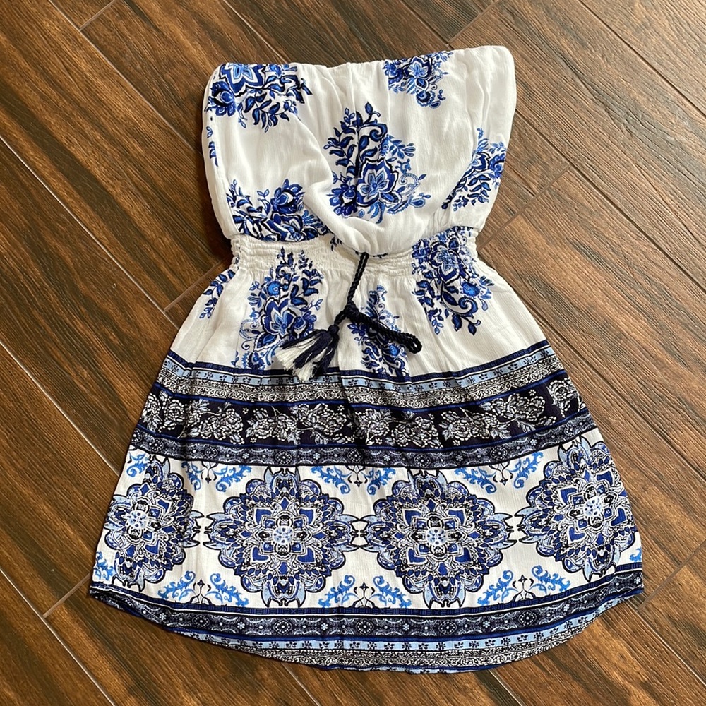 Xhilaration strapless boho blue and white dress M
